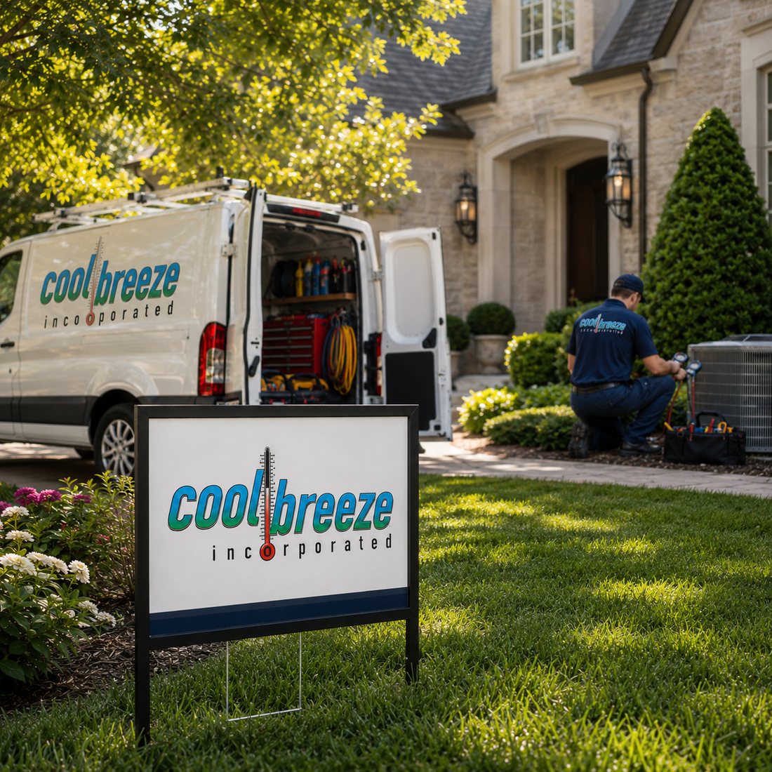 Cool Breeze branded van and yard sign during local HVAC service near Mountain Brook Alabama