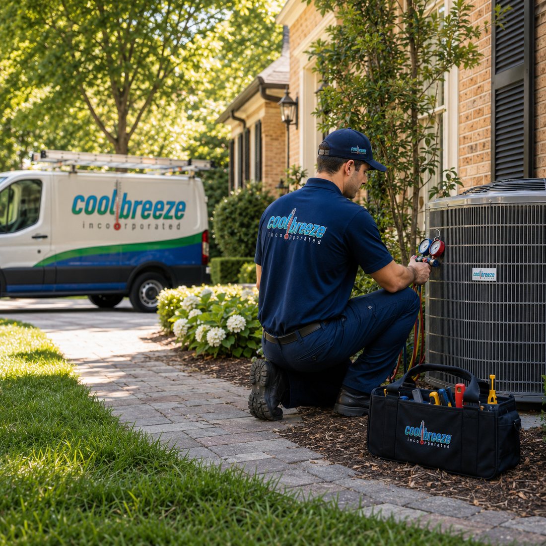 Cool Breeze technician performing AC diagnostics on an outdoor condenser near Mountain Brook Alabama