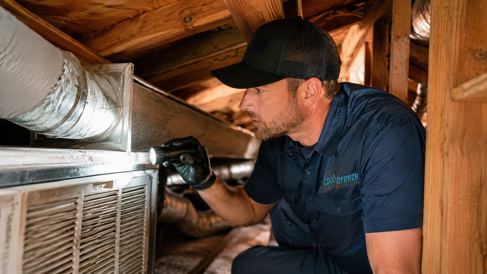 Cool Breeze technician checking ductwork in an older Homewood home