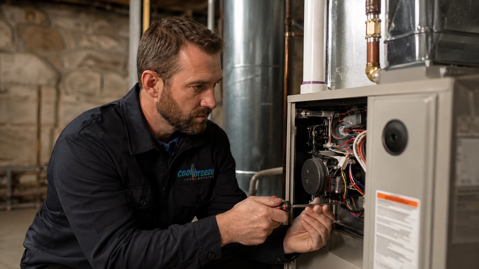 Furnace repair Homewood technician servicing indoor heating equipment