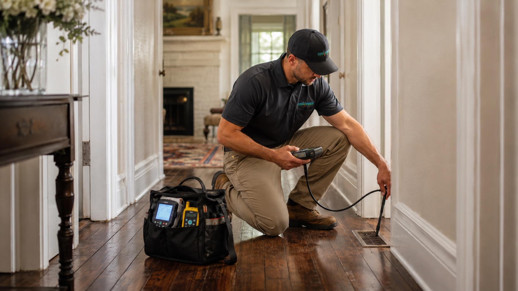 Cool Breeze technician running diagnostics on Hoover home airflow