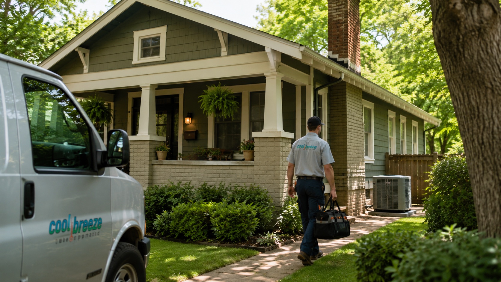 HVAC Hoover technician servicing an outdoor heat pump at a local home