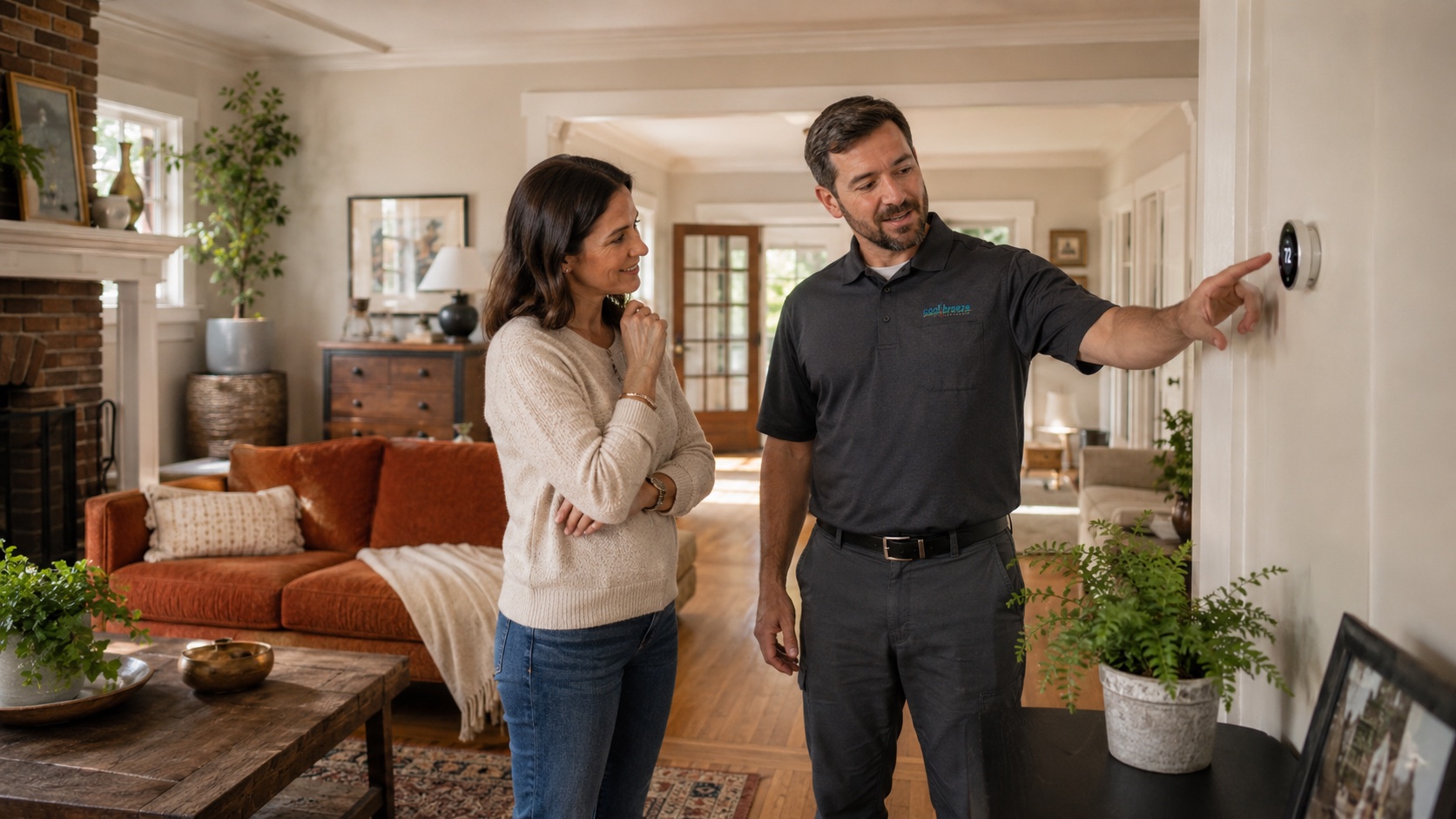 Cool Breeze technician setting a zoning thermostat in a two-story Hoover home